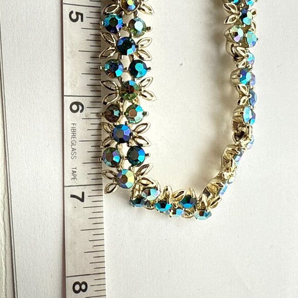 Vintage Aurora Borealis Rhinestone Necklace & Earrings Set Gold Tone Floral Clus - Picture 13 of 14